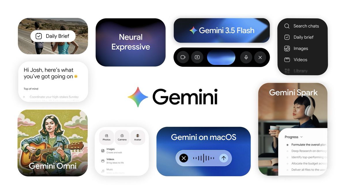 Google Gemini collage showing Gemini 3.5 Flash, Gemini on macOS, Gemini Omni, Gemini Spark, and daily brief surfaces.